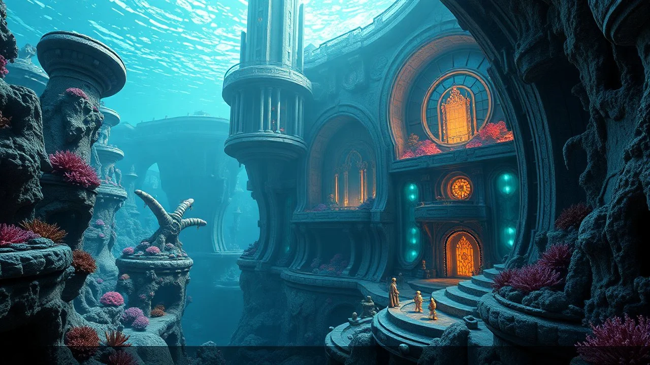 futuristic builded world under the deep sea, curved walls, special buildings, made, coral, futuristic builded world under the deep sea, curved walls, special buildings, made, coral, concrete-like material, stone, onyx and glass, impressive, alien and special structures, buildings left behind from a lost world , 3D Game Cinematic Feel, Epic 3D Videogame Graphics, Intricately Detailed, 8K Resolution, Dynamic Lighting, Unreal Engine 5, CryEngine, Trending on ArtStation, HDR, 3D Masterpiece, Unity R