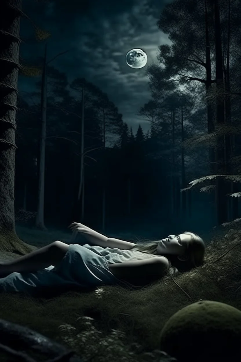 CCTV footage, Dark forest with bright moonlight, Full moon, a girl is laying down