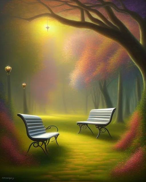 park mystical dream, park bench, trees, path, bird, sunshine, mystical, fantasy, romanticism, pastel colors, daylight, daytime, acrylic painting, detailed, soft focus,