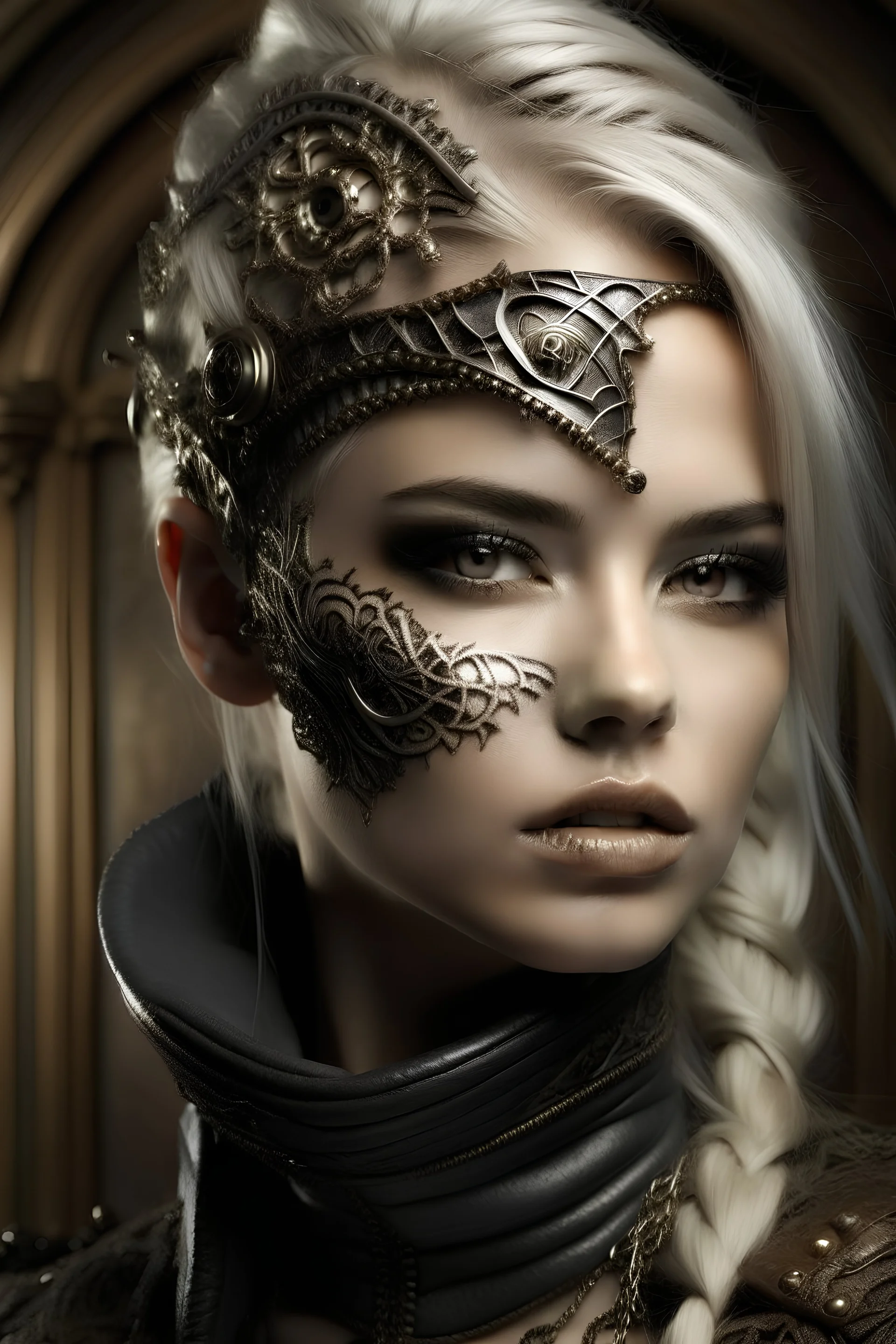 Beautiful faced young blond winter queen woman, wearing silver goth punk metallic filigree art nouveau floral face masque, adorned with goth punk silver metallic diadem headress, wearing steampunk style leather jacket dress ribbed with silver floral metallic filigree embossed pattern, organic bio spinal ribbed detail of goth punk backround extremely detailed maximalist hyperrealistic concept art