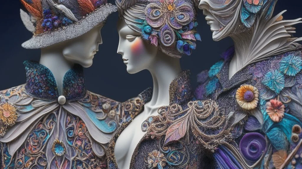 Surreal fantasy Couple Wearing Insanely Detailed Quilling consisting of Mixed Media Including Feathers, Foliage, Flowers, Leather, Buttons, Jewels, Twigs, Plastics, Glitter, Shells, Fabrics, Twine, And Thread; Award-Winning Neo-Surrealistic Masterpiece