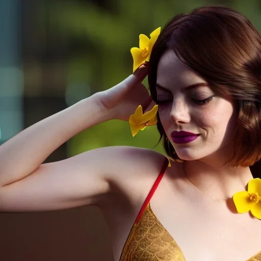 Emma Stone transparent underwear with yellow flowers for hair, closed eyes, rtx, reflection, 8k, glow, winning photography, caustics