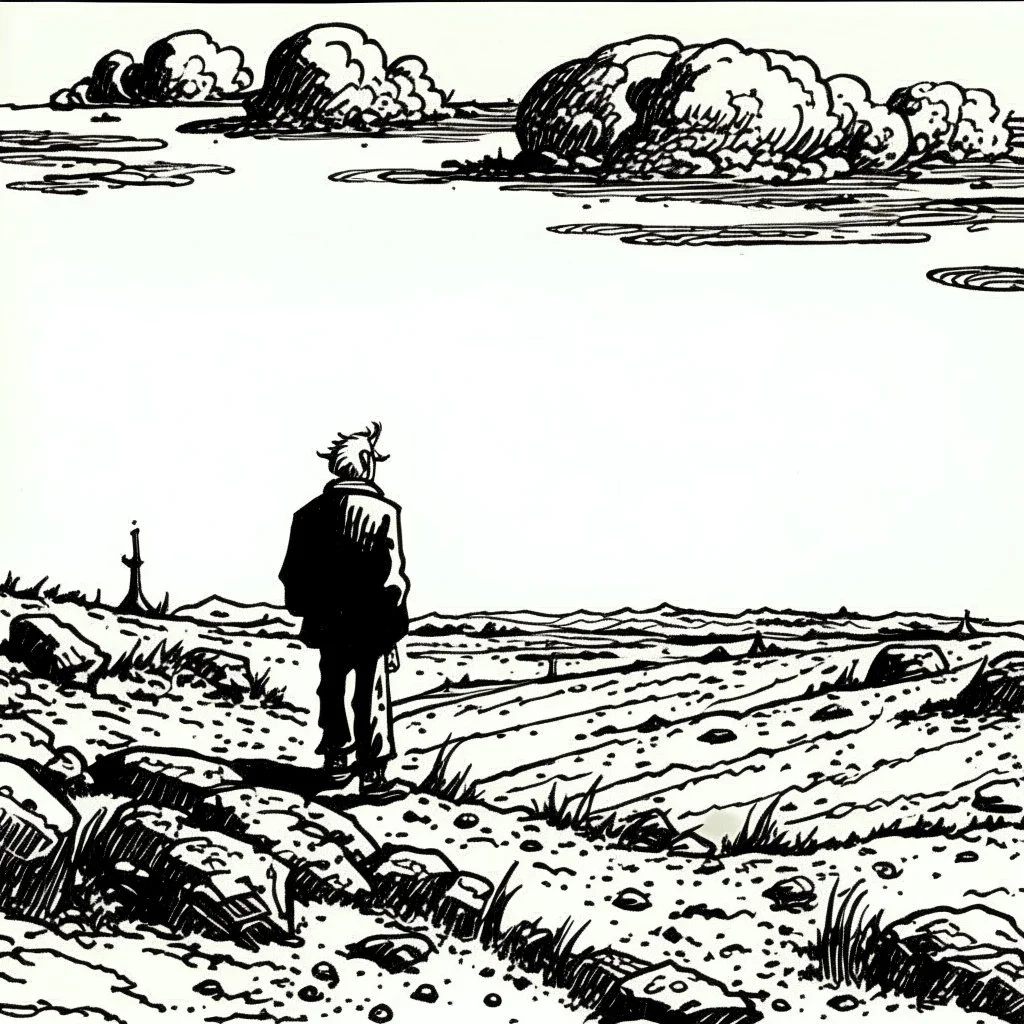 a alone man. pen and ink, birds eye view, illustrated by hergé, Background space and earth