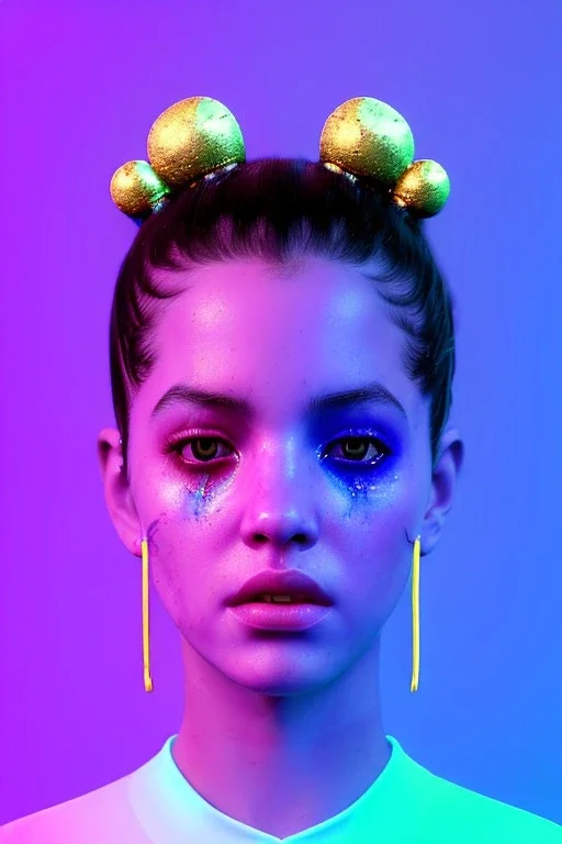 Ultra Realistic image, Rosalía artist, waist up portrait, black eye line, sweet angry face, geisha hair style, spray line make up, geometric, gold, big rings piercing, led ornament, bubble latex coat, cold, led lights, pop style, pink, blue, gold, vibrant color, highly detailed, art stations, concept art, smooth, unreal engine 5, god rays, ray tracing, RTX, lumen lighting, ultra detail, volumetric lighting, 3d, finely drawn, high definition, high resolution.