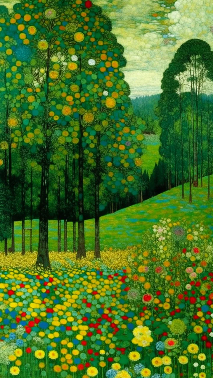 A greenish blue grove near a valley painted by Gustav Klimt