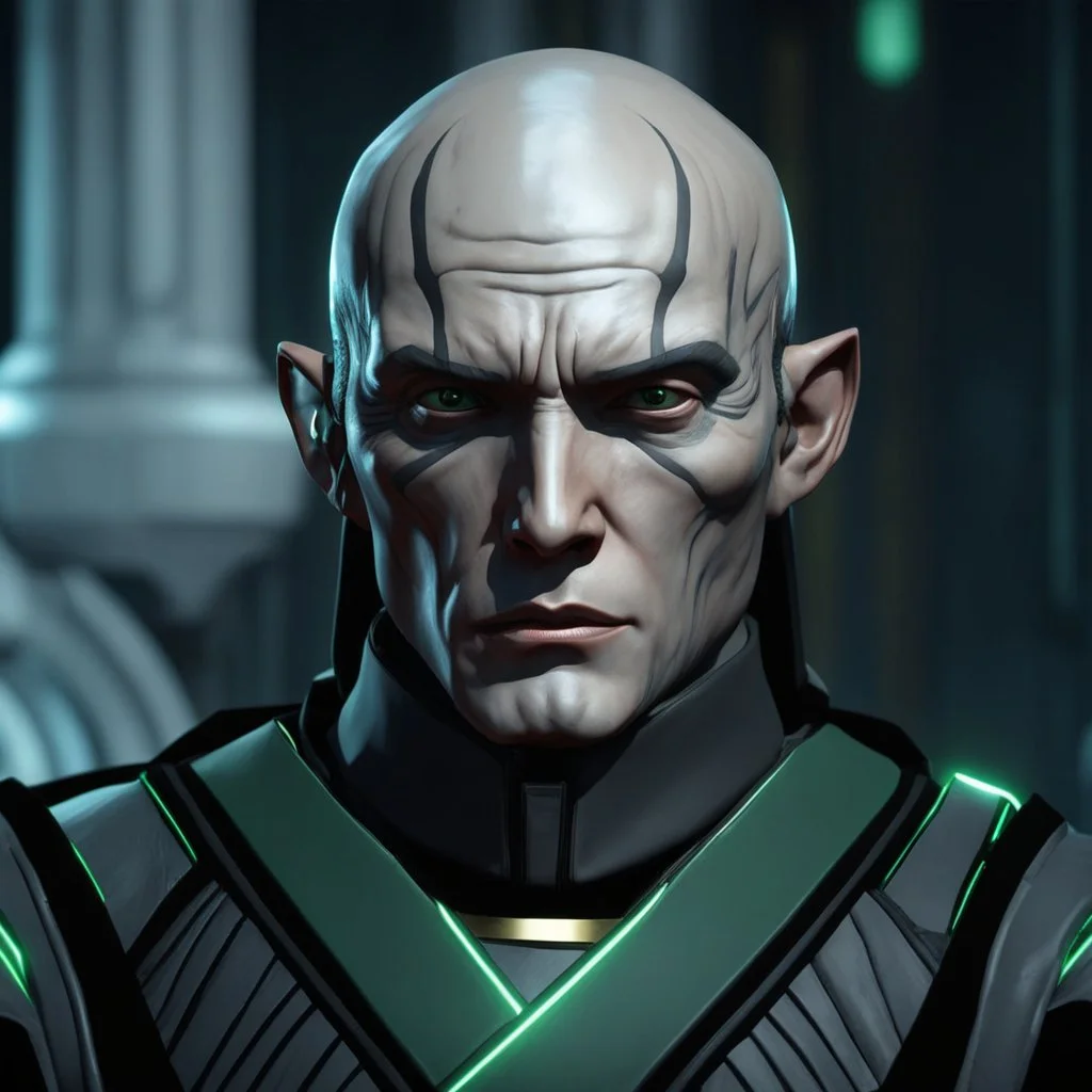 star wars bald male corellian jedi pilot wearing gunmetal grey and black old republic armored robes with gold trim inside the jedi temple holding a lightsaber with viridian green blade in left hand, centered head and shoulders portrait, hyperdetailed, dynamic lighting, hyperdetailed background, 8k resolution, volumetric lighting, light skin, fully symmetric details