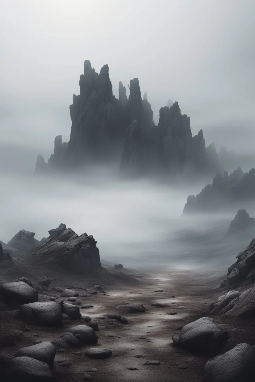 A rocky wasteland surrounded by fog. With hints of madness
