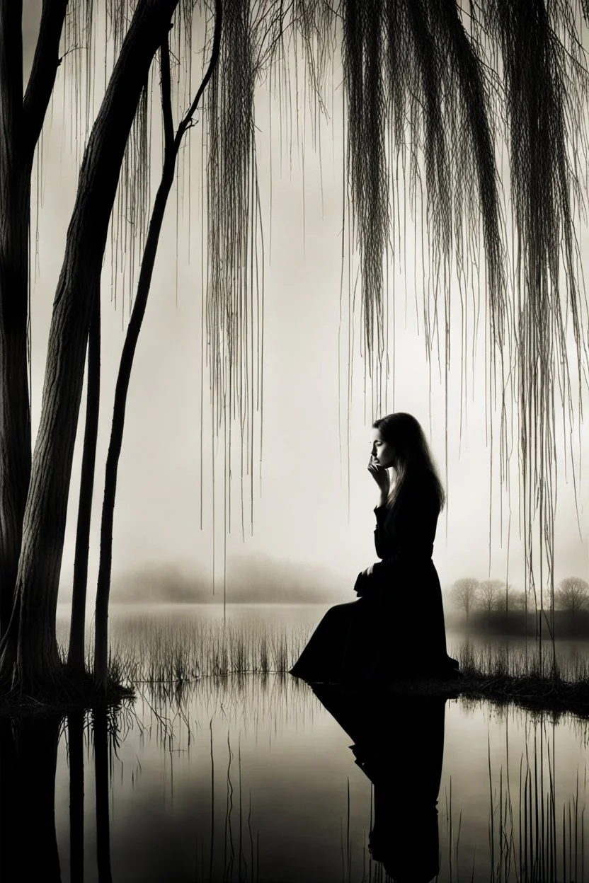 Style of Man Ray, Woman sad, weeping willow, loneliness, double exposure,