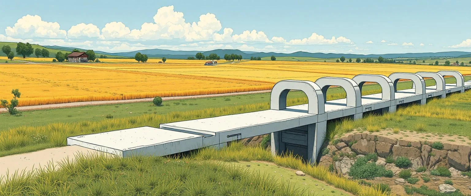 Technical humorous safety-pamphlet illustration showing a small autonomous robot transport system in a rural landscape. The infrastructure consists of MANY SEPARATE, SHORT, HEAVY CONCRETE SLABS placed at regular intervals, NOT a continuous bridge and NOT a building. Each slab is a simple compact H-shaped concrete structure, approximately 2–3 meters wide and only slightly taller than a person. The slabs are clearly separated from one another by open gaps of several meters. Each H-shaped slab ha