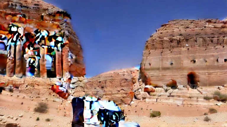 A Tesla semi-truck is racing at top speed, at Petra, in Jordan. CINEMATIC. WIDE ANGLE LENS.