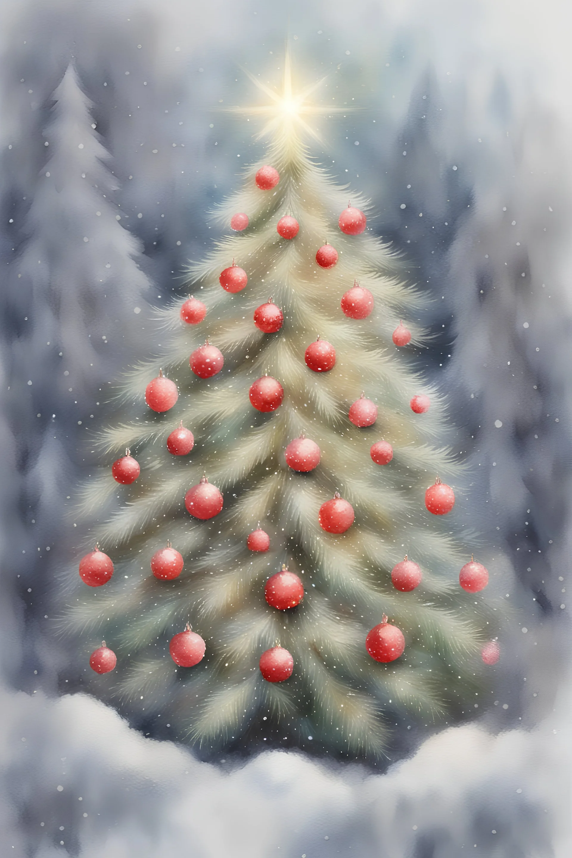 Watercolor drawing, realistic, fairy-tale world, fluffy Christmas tree, textured magic Christmas ball with glowing inside scarlet poinsettias "Christmas star" on a spruce branch, complex drawing, pixel study, high detail, lots of details, tenderness, realism, high quality, work of art, brilliance, hyperdetalization, professional, misty haze, over-detailed, transparent, soft pastel colors, back light, 64k, focus on the ball