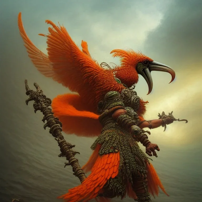 an ibis warrior in orange and green full battle armor, a highly detailed illustration, background of giant crashing ocean waves, realistic render, 8 k, micro detail, intricate, elegant, centered, digital painting, Artstation, smooth, sharp focus, illustration, artgerm, tomasz alen kopera, peter mohrbacher, donato giancola, joseph christian leyendecker, wlop, boris vallejo