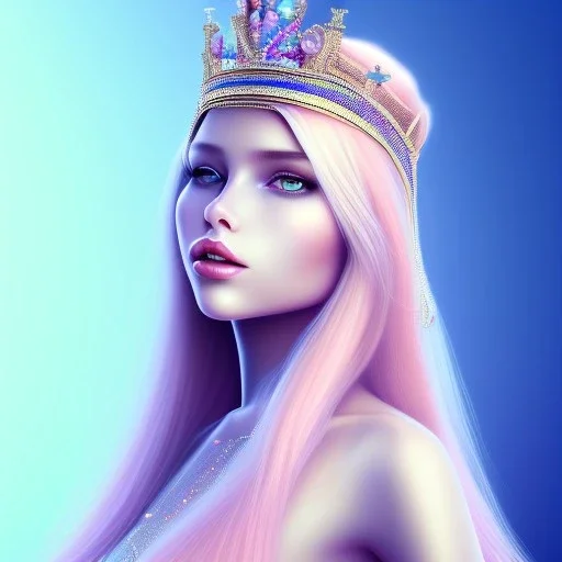 beautiful, soft, smiling face,long straight blonde hair blues eyes, crown on the head, clothing in transparent bluish and pink veil, background brillante bluish and pink,