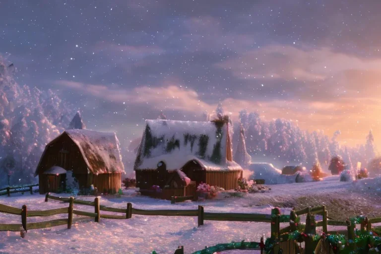 A 3D scene of a cute barn, December, snow, Pixar, Dreamworks, Disney, C4D, fun