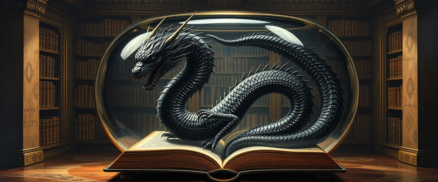 master oil painting by Escher and Giger, ancient library book obsidian fluffy chrome black serpent dragon inside huge transparent vase and with gold, master 3d models, book of the dead, flash rune symbol, king of hate and media