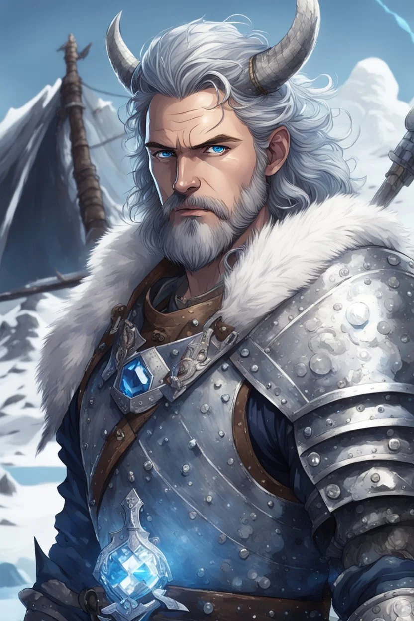 in anime style, 1man, a man with blue eyes and grey hair man in silver Viking armor with fur around the neck with blue crystal on his chest holding an axe in his hands standing on a pirate ship in the artic, warrior in anime style,