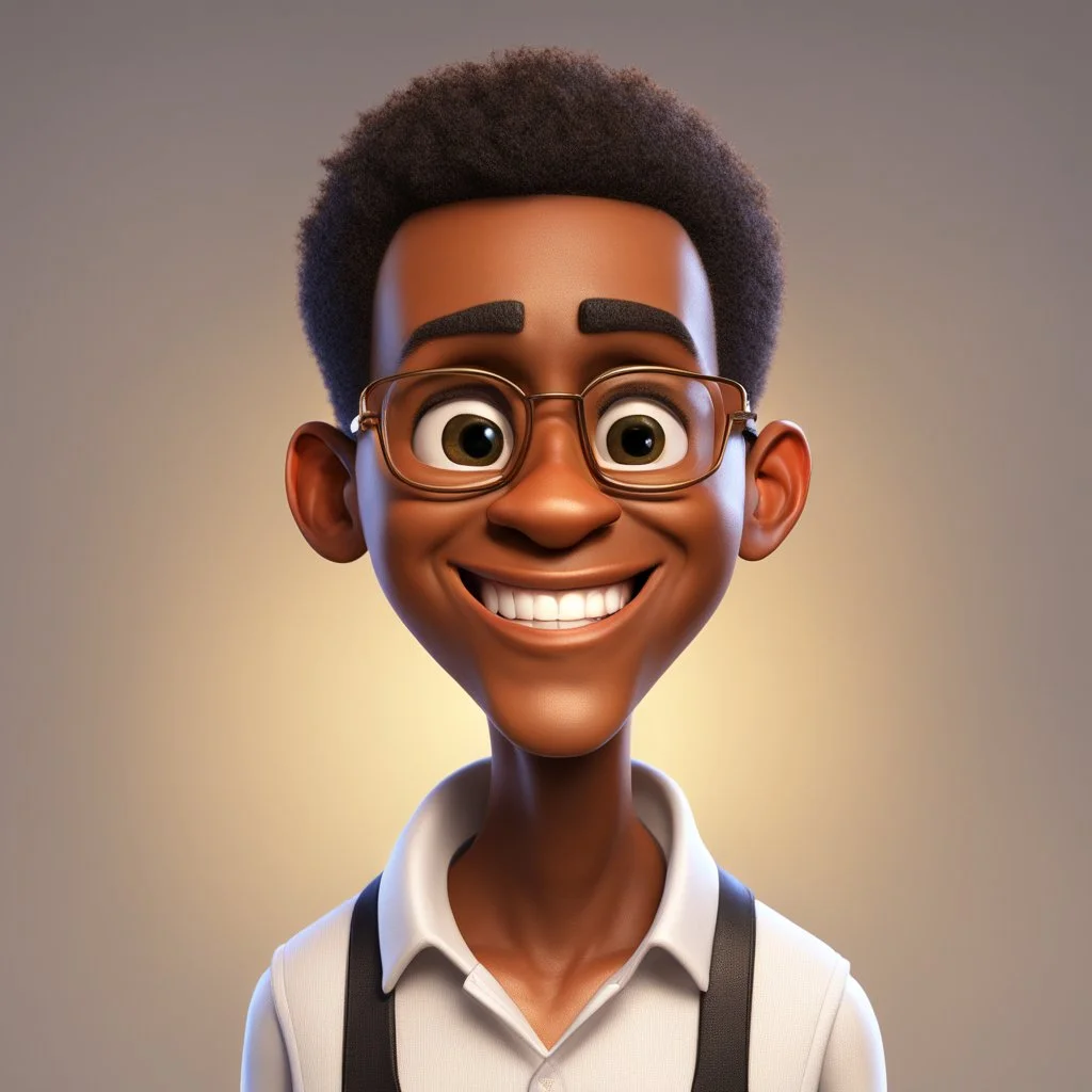 a portrait of smiling man. caricature. black rare hair. dark brown skin. black eye pupils. circle eyeglasses, thin gold frame. rectangle face shape. white shirt with black vest. pixar style. 3D. 4k. portrait. highly detailed. sharp focus. high resolution. full color. cinema lighting