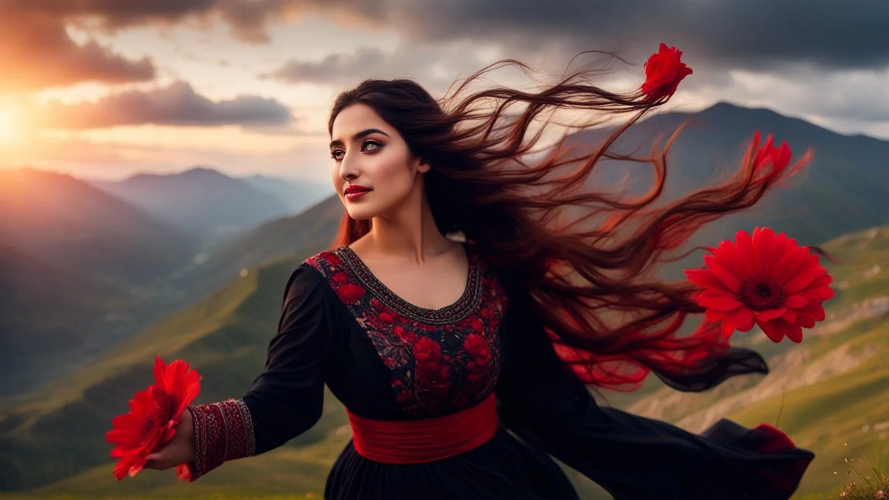 Hyper Realistic Photographic Close-Up View Of A Beautiful Young Pashto Woman With Beautiful Eyes Lips & Nose (Wearing Beautiful Black Frock With Red Flower Patterns On It Her Beautiful Long Hair Whirling In Air) Happily Whirling On Mountain-Top With A Valley Down, At Cloudy Sunset Showing Dramatic & Cinematic Ambiance.