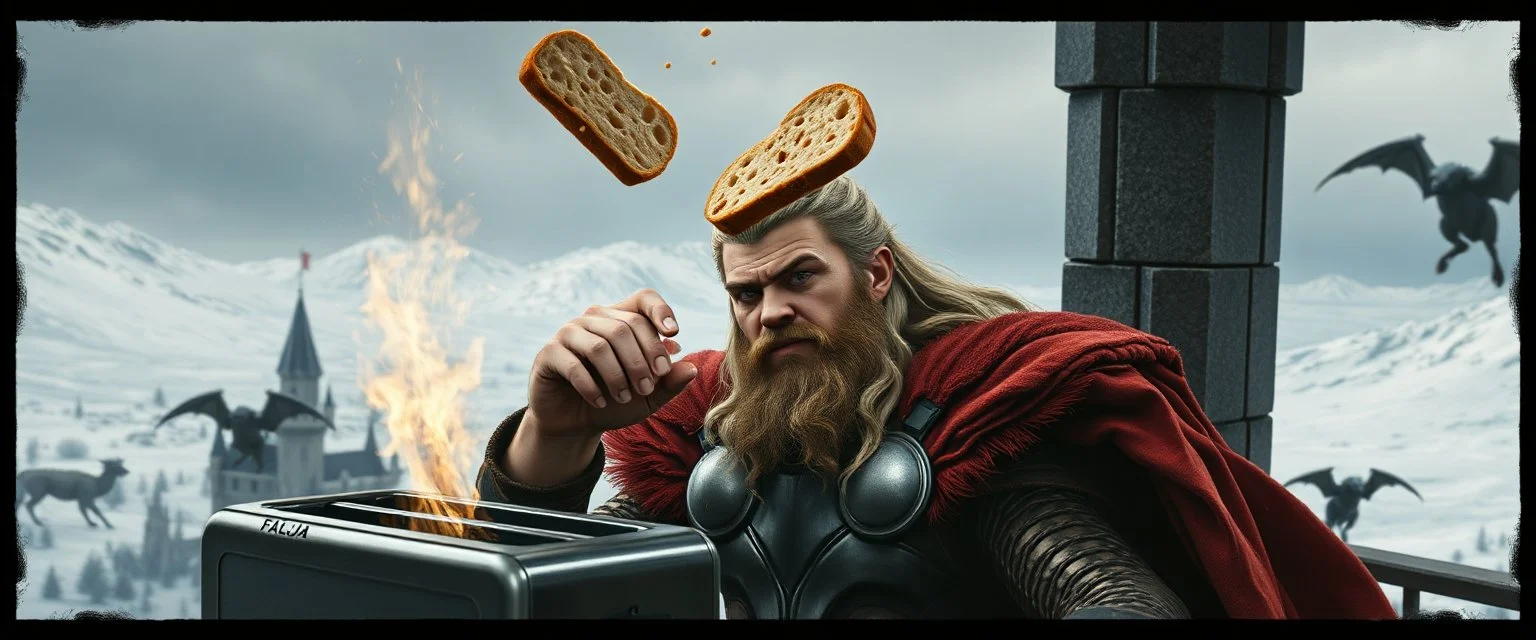 Movie poster portrait. The mighty God Thor sees the toaster spit out one slice in his face. The bread is jumping over his head. In the style of Rembrandt and "Gods of Fallout 4". He is sitting on the balcony of his castle, with a great view over the frozen valley. He is trying to grab the bread quickly. "Fali' ja." Dark edge border with runes and dragons.