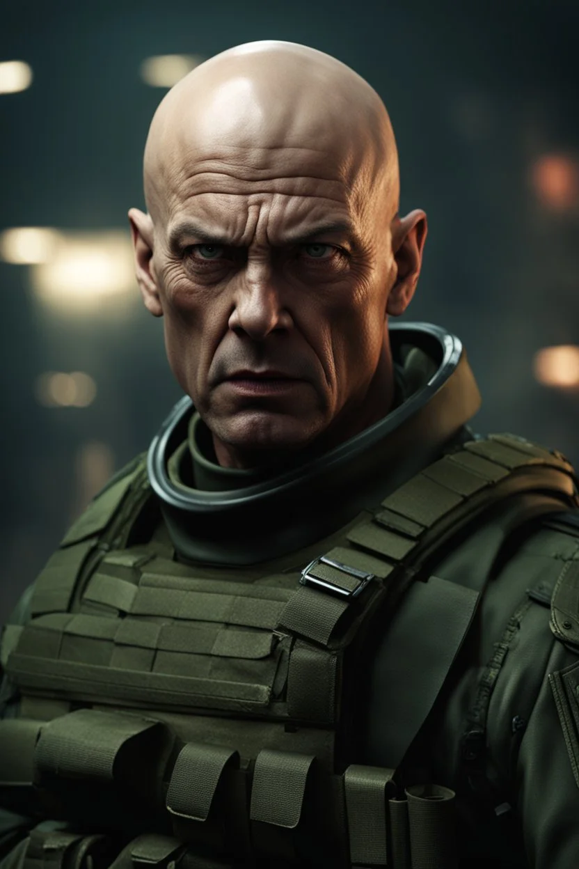 portrait of a 40 year old evil soldier. sneering expression, bald, photorealistic, 4k