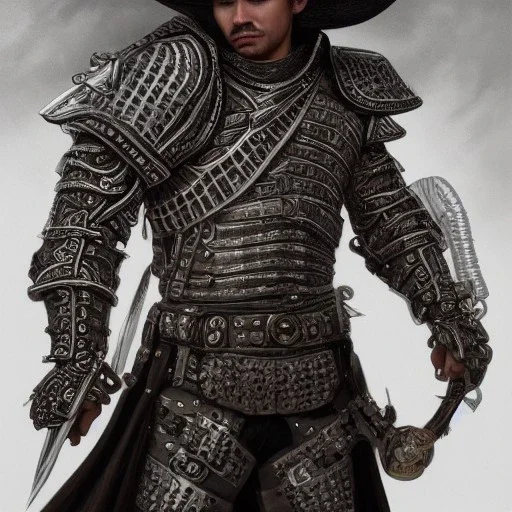 Full body portrait,"Insanely detailed photograph of an armored mariachi warrior with sword", intricate chainmail charo,detailed Sombrero, intricate D20 buttons, digital painting, artstation, concept art, smooth, sharp focus, illustration, art by artgerm and greg rutkowski and alphonse mucha, 8 k