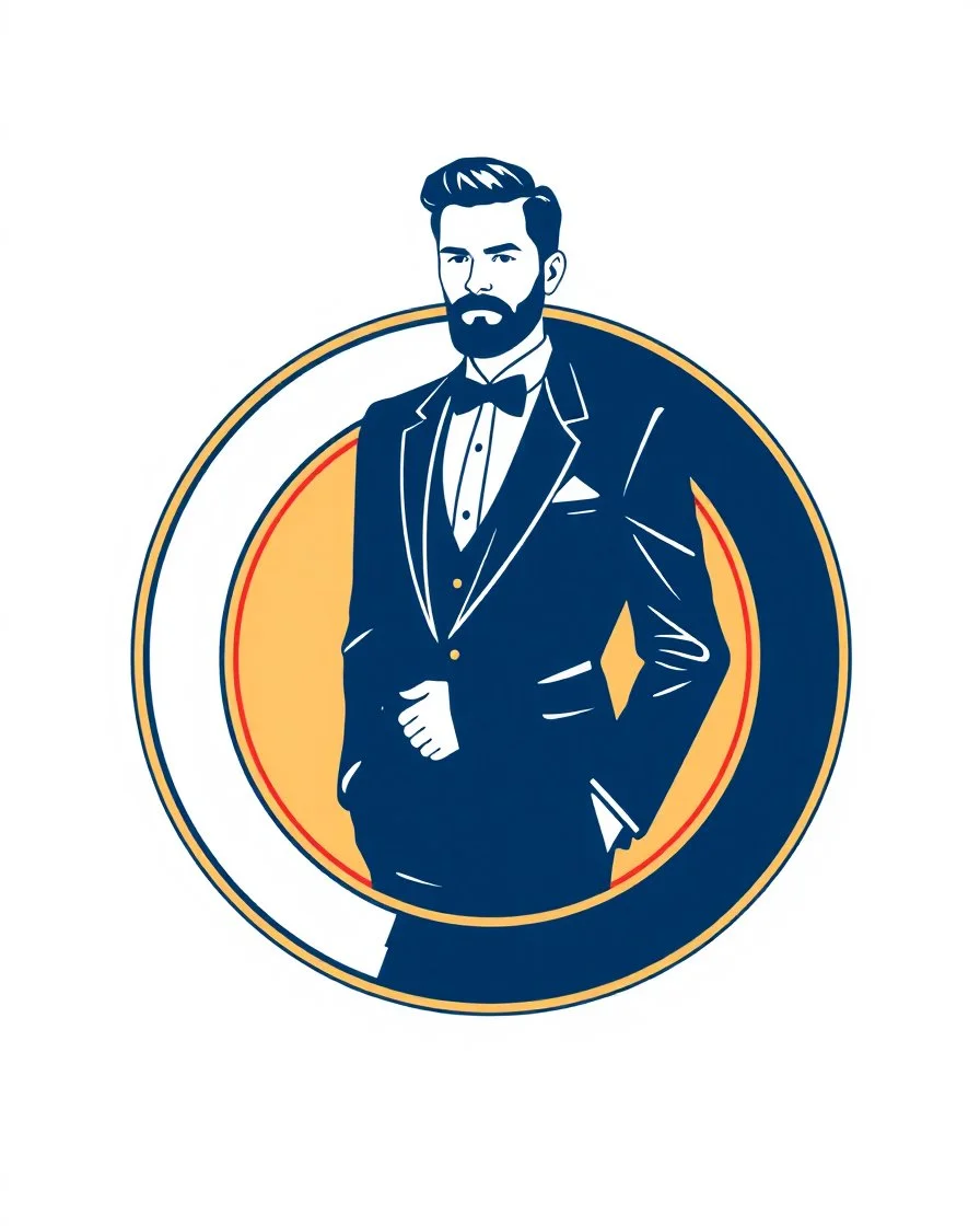 A circular logo with a vector of a groom in a suit at the top of the logo in a blue, red, white and gold color theme.