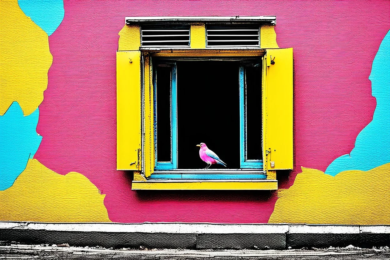 there are two birds sitting on a ledge next to a window, colorful mural on chipped walls, by Saurabh Jethani, photomanipulation, pink and yellow, by Liza Donnelly, diptych, eye catching composition, open window, open door, double exposure, double entendre, dramatic, dynamic, whizz dynamics, liminal vibe, amazing reflections, great contrasts, excellent verticals, perfect parallels, orange tint, socinlars vibe