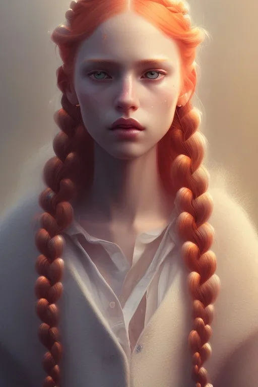 girl, cute, beautiful, orange hair, two braids, bangs, blue eyes, big eyes, pale skin, long eyelashes, pink lipstick, thin lips, small nose, 8k resolution concept art portrait by Greg Rutkowski