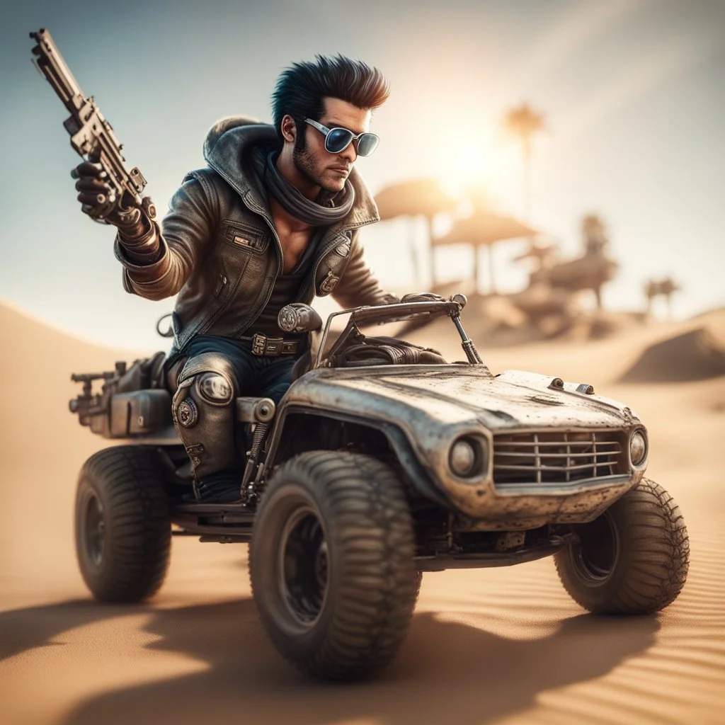 airbrush with pen outline, cool space mad max pimp Elvis gremlin holding automatic pistol, and jumping with a dune buggy that looks a bit like a dog wearing driver gloves, wearing flip down sun glasses, in the style of a fallout 4,bokeh like f/0.8, tilt-shift lens 8k, high detail, smooth render, down-light, unreal engine, prize winning