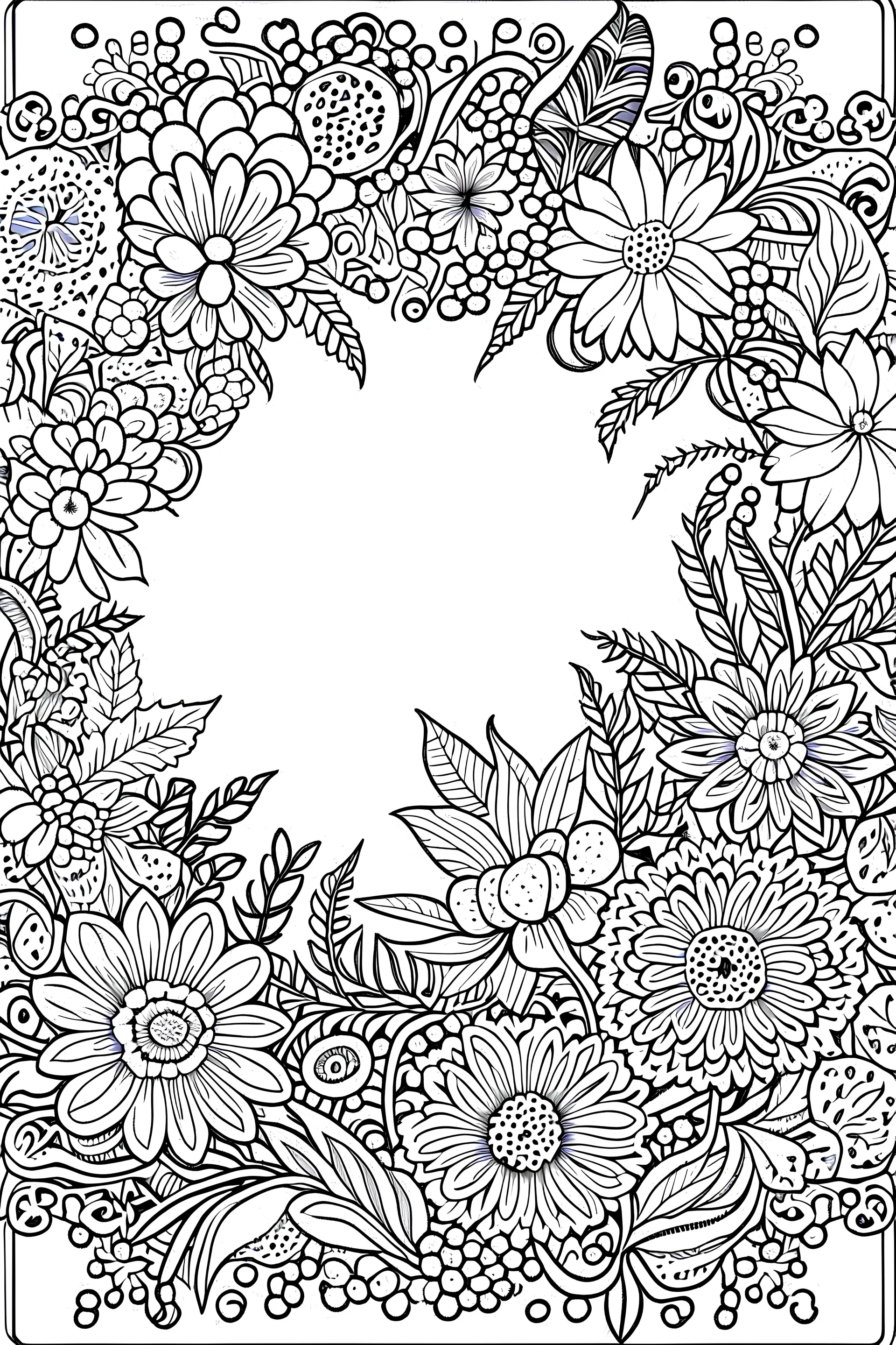 black and white beautiful frame made out of flowers for coloring pages, use a lot of big flowers in the frame, go all the way to the edges for the frame and leave a lot of space in the middle of the page, use only black and white, clear crisp outlines, no black background, go all the way to the outer edges of the page, use more space in the center of the page, make it rounder, use less shading, use more space in the center of the page, widen the frame, open up the frame