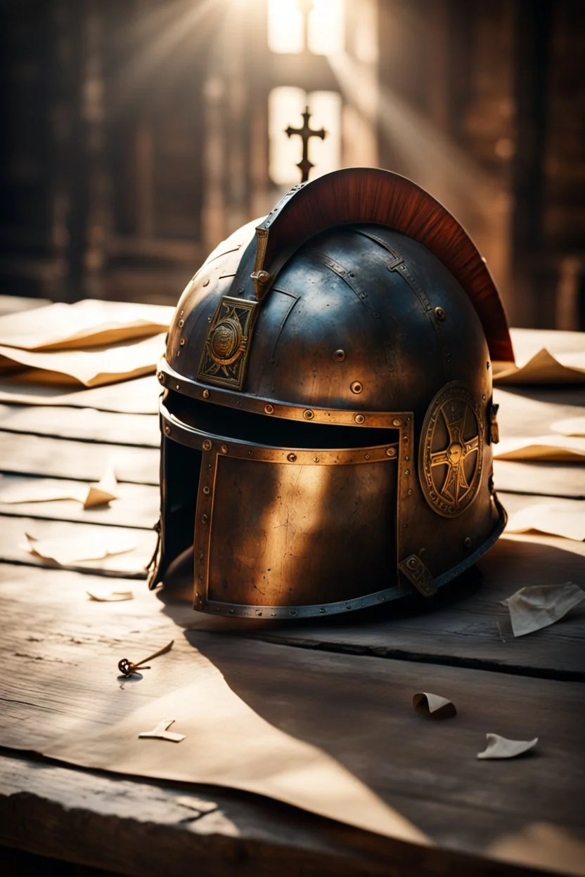 The Roman centurion's helmet lies on an old cracked wooden table. Next to the helmet, on the table, lies a cross on a simple string and a scroll of parchment. Symbols of Roman authority. A ray of sunlight reflects off the helmet. All around is the entourage of ancient Rome. High quality image in 8K