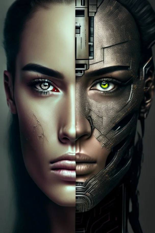 a face depicting half woman and half cyborg