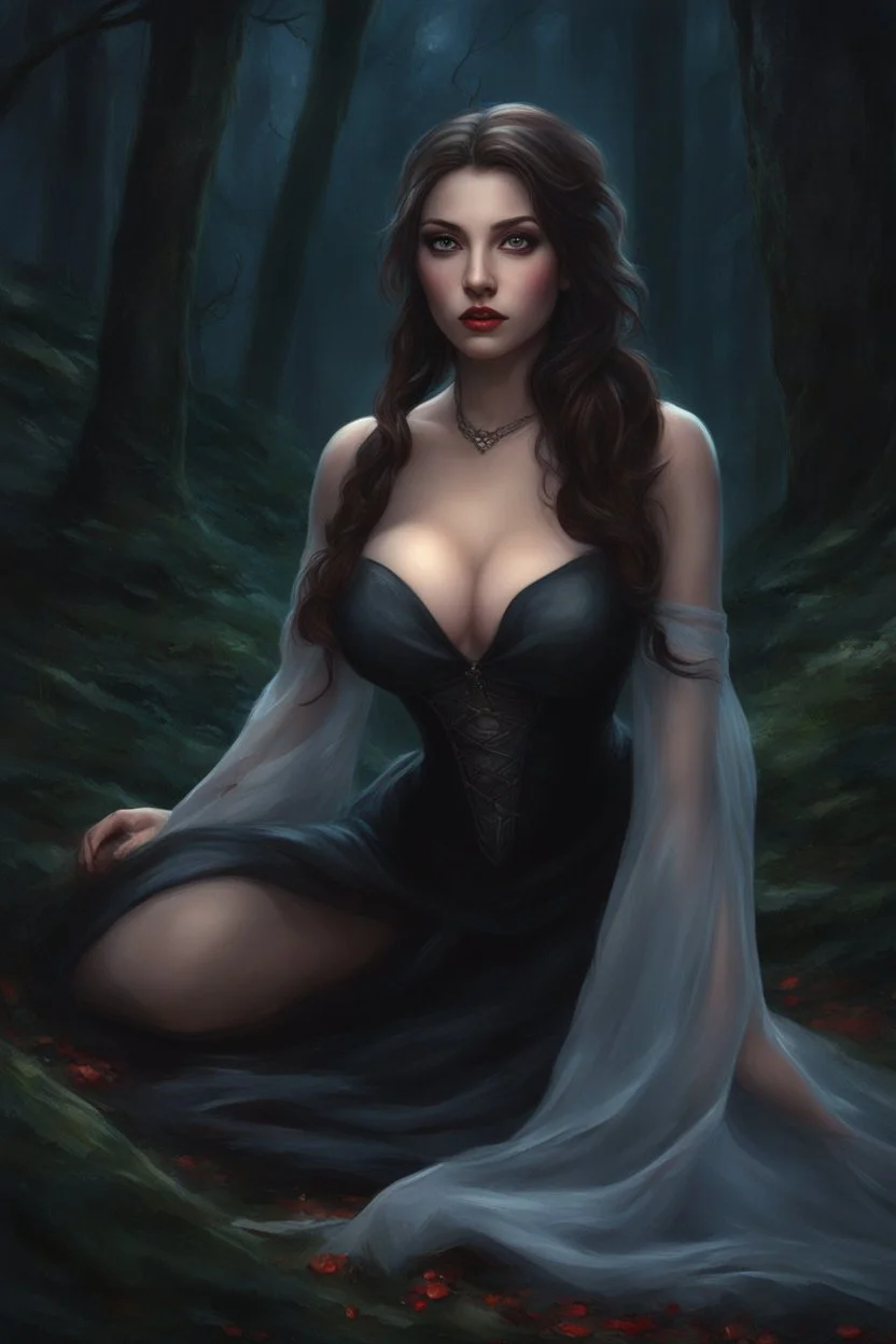 Beautiful buxom vampire in the forest wrapped in loose transparent linen crawling toward you, gothic babe, night of full moon, hourglass figure, masterpiece, best quality, 1girl, digital painting, HDR, Pixar style Painting, foreshortening, extremely detailed 8K, high resolution, ultra quality, modern disney style, Anastasia, (((kneeling down))) looking down, looking at small people, (intricate, highly detailed), blonde hair, transparent dress.