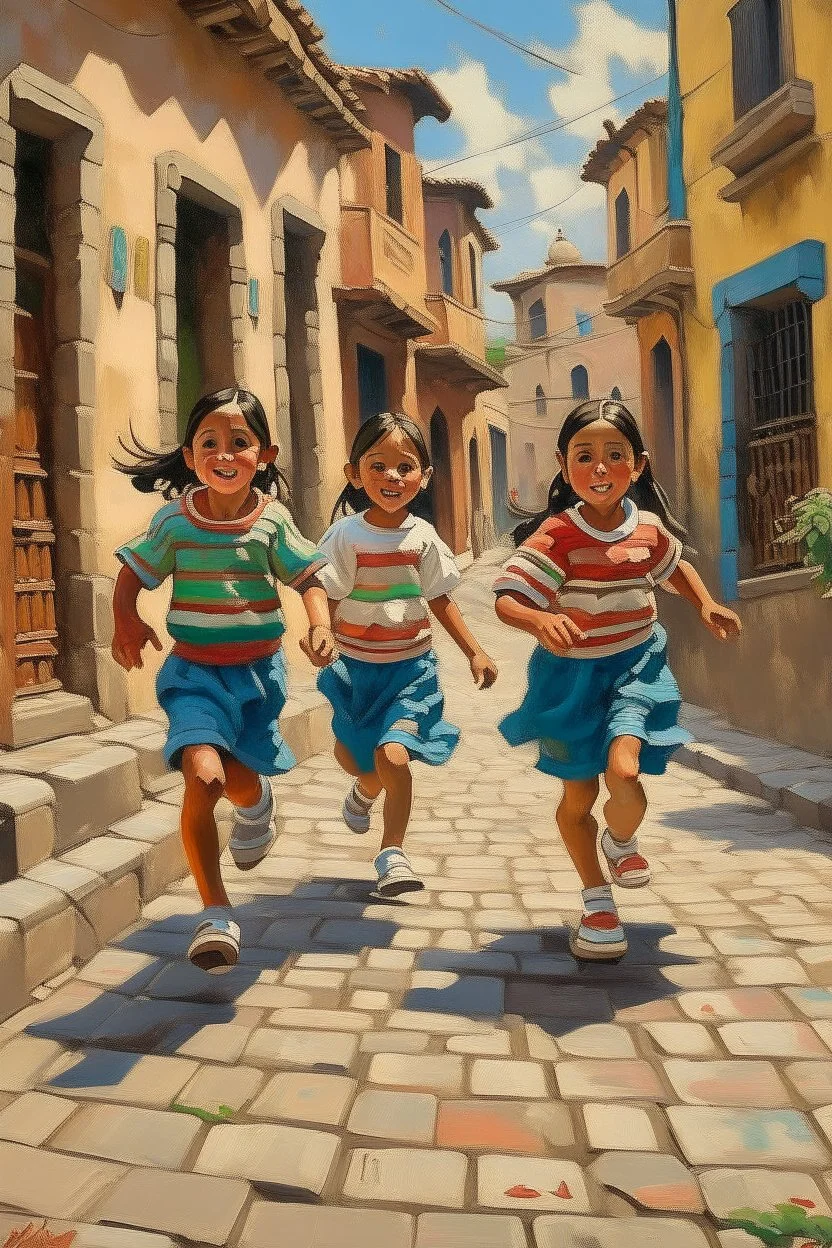 2 maxican childeren running tradidtional clothes painting neoclassism in a traditional mexican city