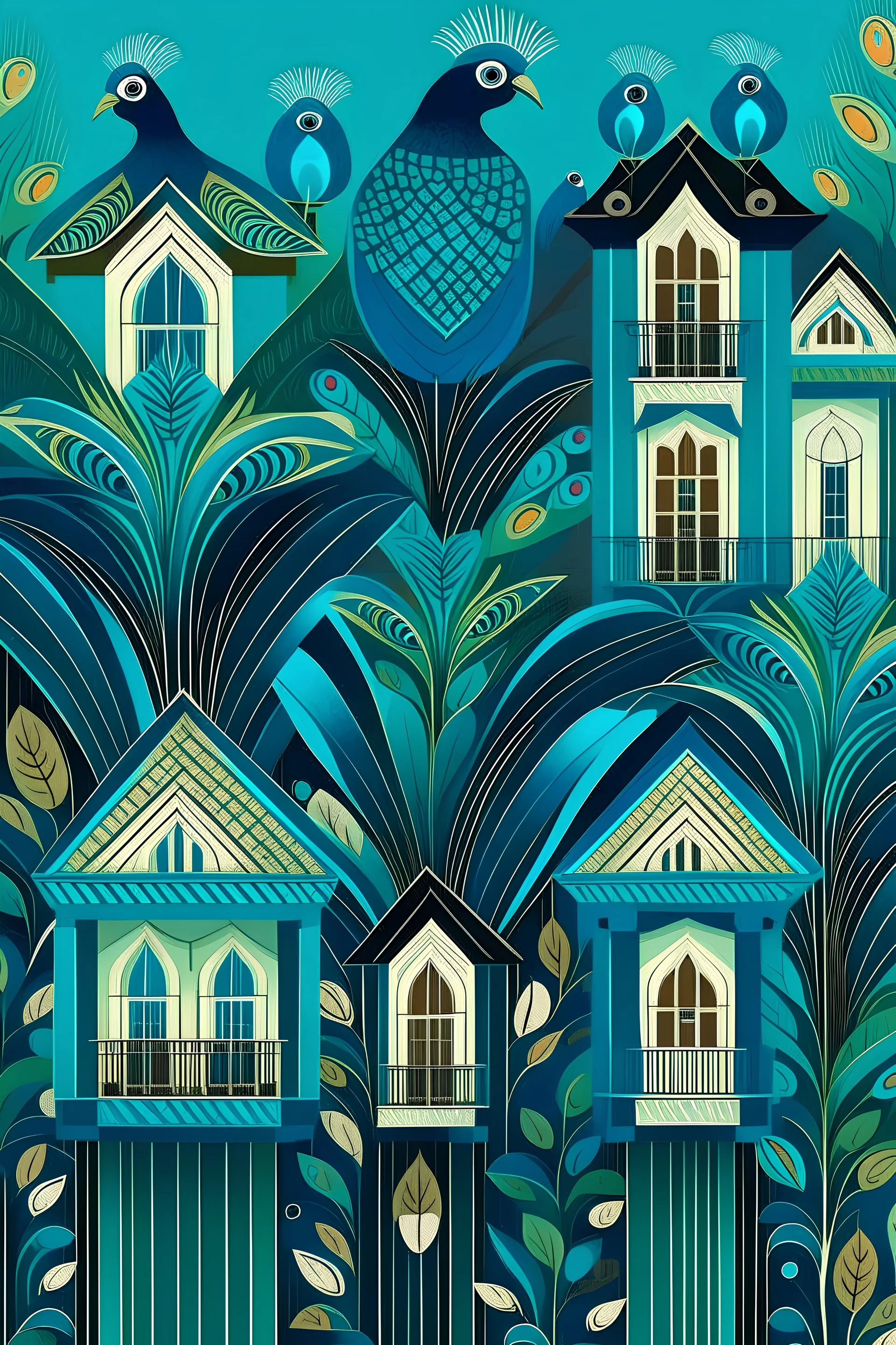 Graphic design of a group of houses with peacock feathers as the roof