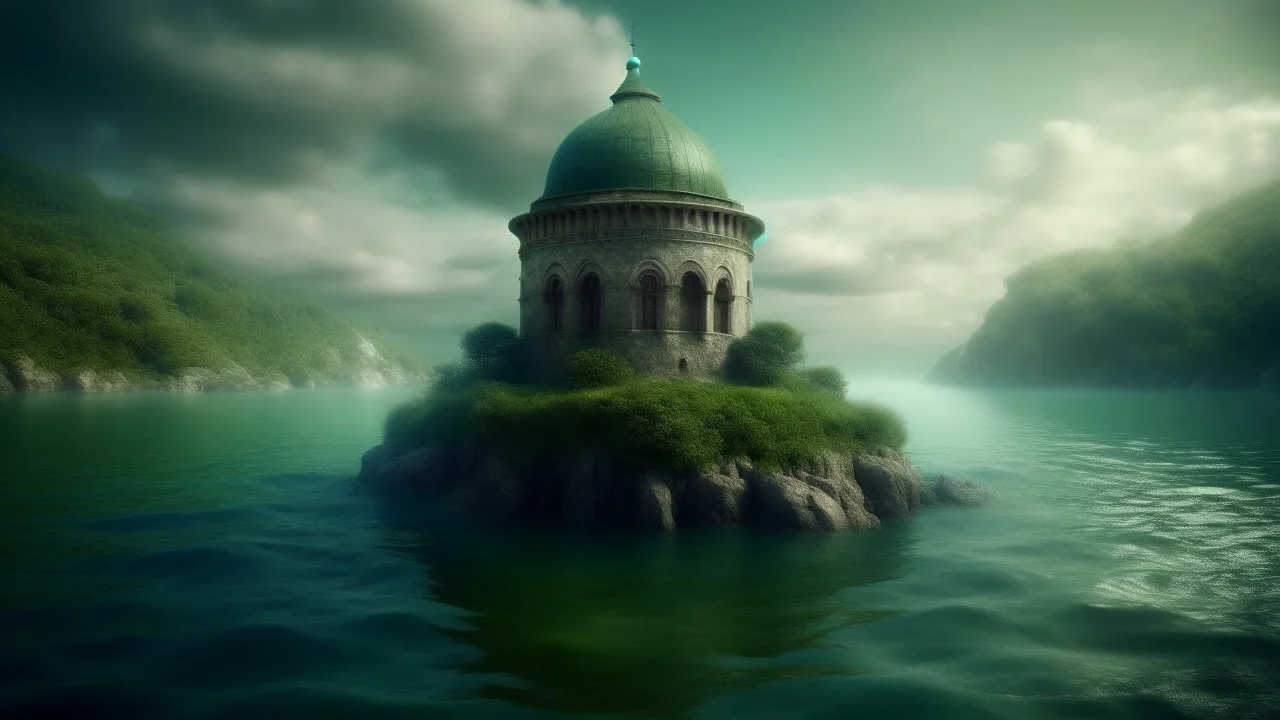 fantasy, A small domed building with a green roof standing in the middle of a body of water, surrounded by a stone wall. The sky has a hazy, dreamlike quality, adventure core, soft and dreamy depictions, epic eerie