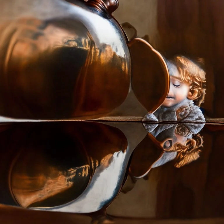 The reflection of a child on the surface of an old copper teapot