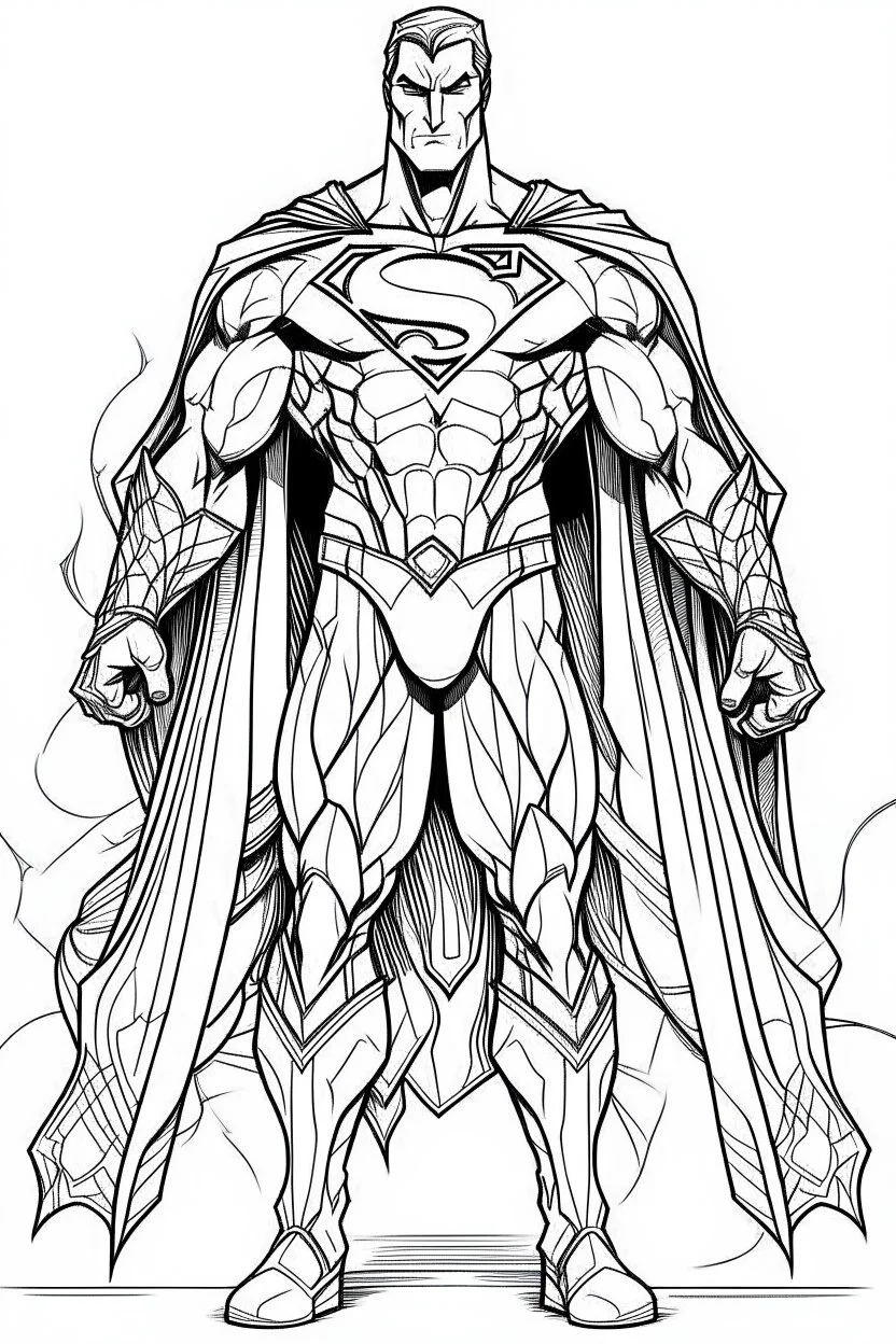 outline art An evolved Superman.Batman cinematic lighting, high resolution 3D render art coloring pages with witch, white background, Sketch style, full body, use outline, Mandala style, clean line art, white background, no shadows and clear and well