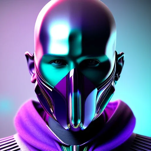 futuristic purple masked villain in galaxy, teal and purple smoke, detailed, realistic, 4k