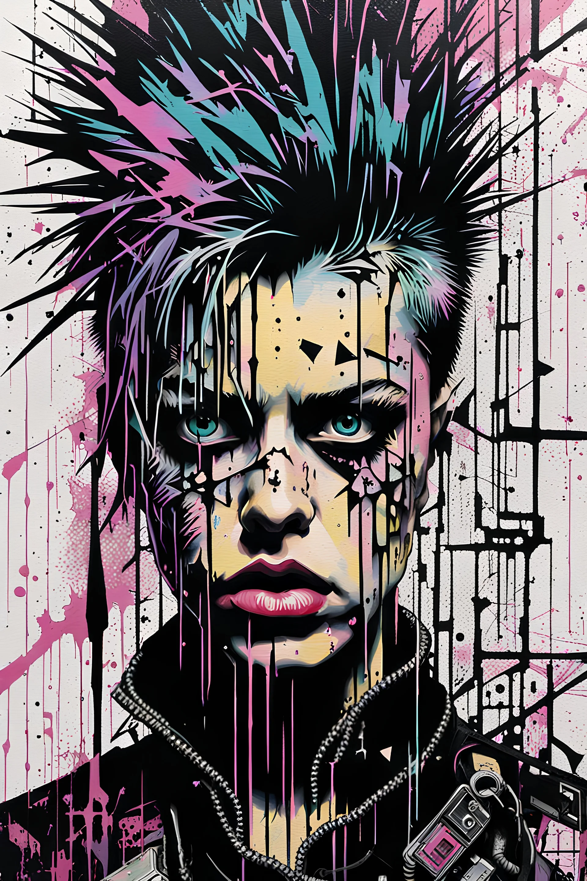 Ultra detailed medium portrait painting of anxiety torn up punk poster, broken circuitry background, matrix effects, punk visual art, punk art aesthetic, graffiti art, pop surrealism, collage art, cluttered paint glitches