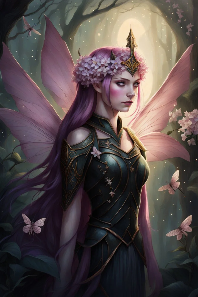 Pink,Hydrangea,orchids,lilies of the valley,night,pink hair,rapunzel hair,elven crown,dragonflies,pointed ears,elven ears,dark fairy princess,sparkle,,dark gold armour,fairy wings,pink