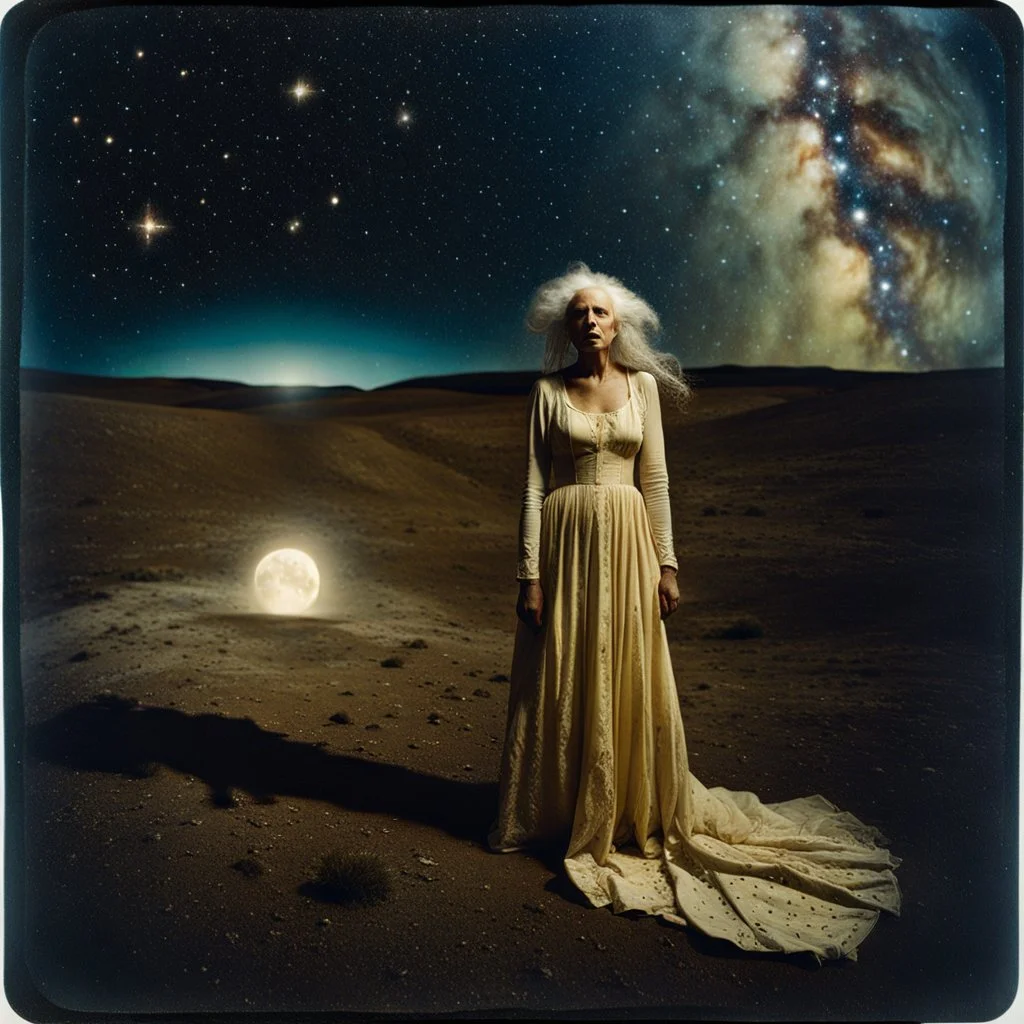 Photorealistic polaroid nothingness and distressing anguish old wooden figure wasteland night Max Ernst Hieronymus Bosch, Gustav Klimt, shot on Hasselblad, stars, movie shot, details of the dress accentuated, nightmare, hypermaximalist