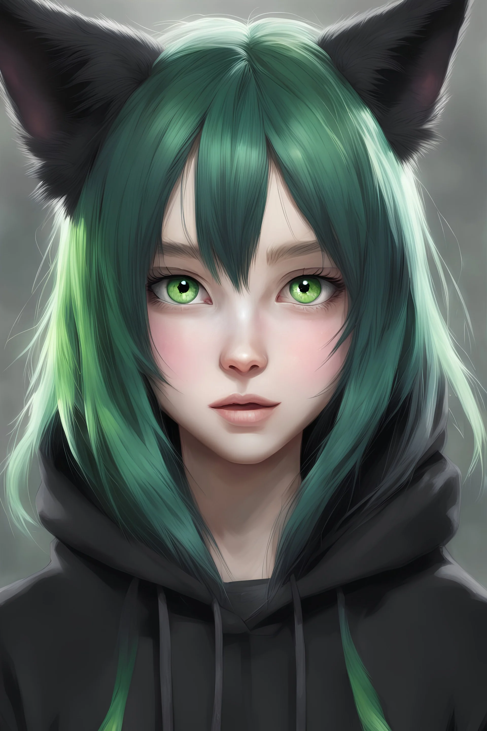 1girl, animal ear fluff, animal, realistic, ears, black eyes, black hair, black hoodie, cat ears, green eyes, green hair, heterochromia, long hair, monster energy, multicolored hair, solo,