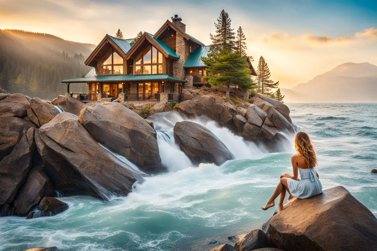 pretty dream houses in rocky mountain in wavy sea side,beautiful lady sitting on the rock her feet in water