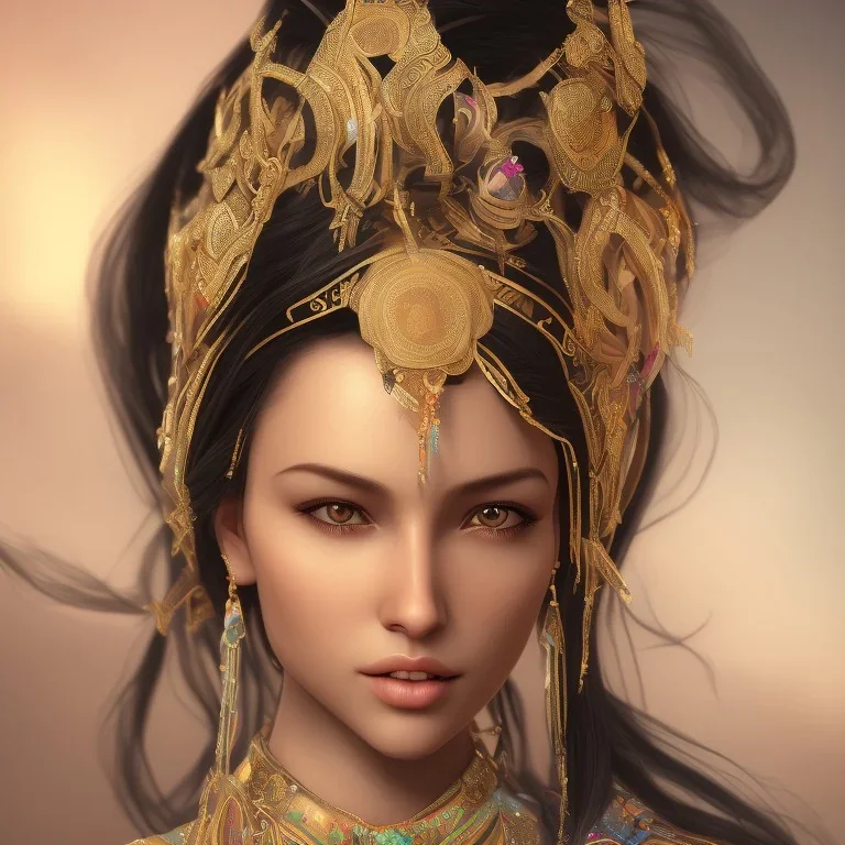 wonderful brazilian woman, wearing indian clothes, long black hair, 4k, many details, very realistic, render, fog particles,