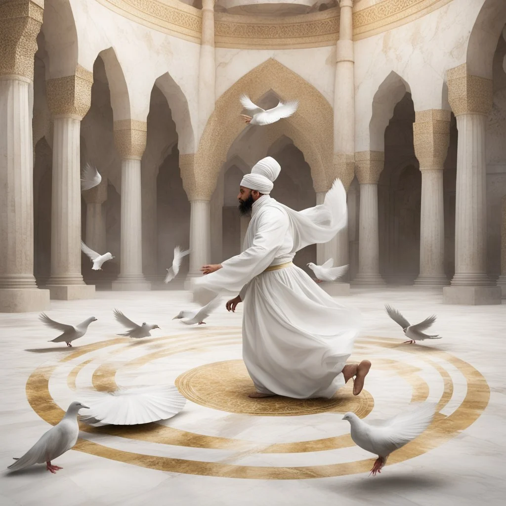 Hyper Realistic Sufi Whirling on stone floor with white & Golden Islamic Sufi Rustic Grungy Background outside white marble Islamic monument with pigeons flying