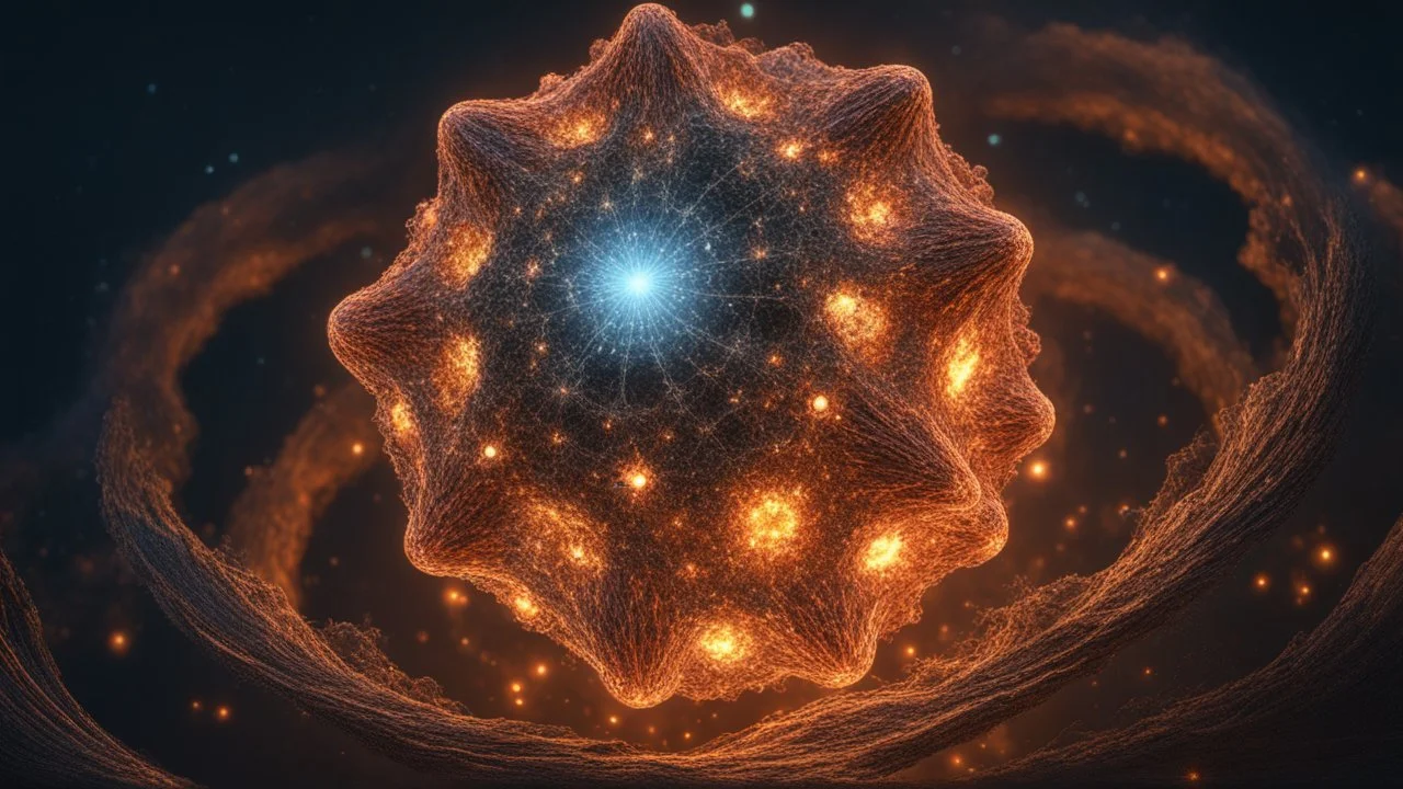 delicate stellated buckyball with protruding processes, eruptions, wonderful, beautiful, complete, floating in outer space in the milky way, luminous, glowing, reflective, colored, fractal texture, exquisite composition, beautiful precise intricate insanely detailed octane render trending on artstation, 8k artistic photography, photorealistic concept art, soft natural volumetric cinematic perfect light, chiaroscuro, award-winning photograph, masterpiece, style of M. C. Escher