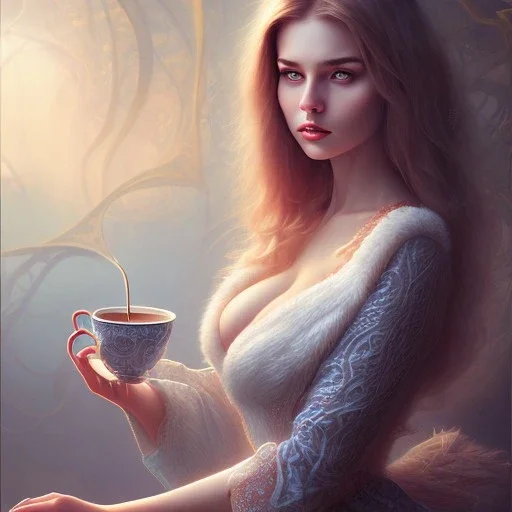 fantasy art, book cover, sexy grown up woman with normal eyes drinking tea by the mirror