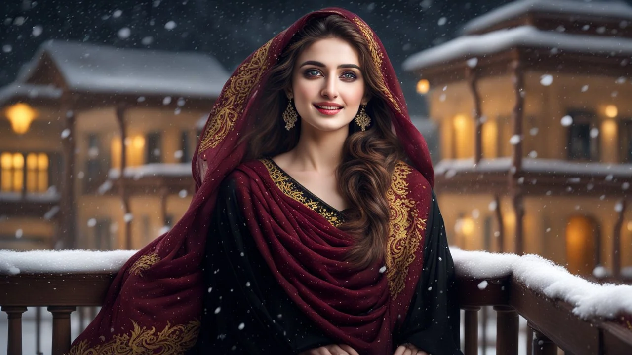 Hyper Realistic Photographic-View of an Extremely-Beautiful Young Happy Pashto Woman with very-beautiful eyes & beautiful brown hair wearing Black Dress with yellow embroidery & maroon-shawl standing on a balcony with beautiful snowfall night with wind-whirling-her-hair showing dramatic & cinematic ambiance.