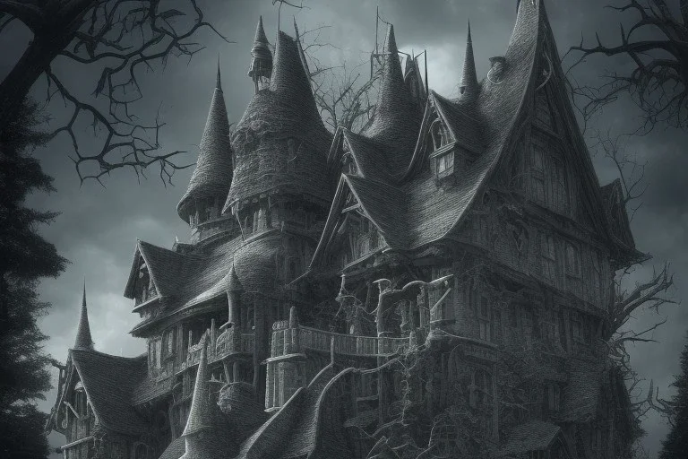 one Wednesday Adams, black and white, tall scary house , pointy roof, cursed trees , dense dark forest, spiders, bats, bones, Escher style